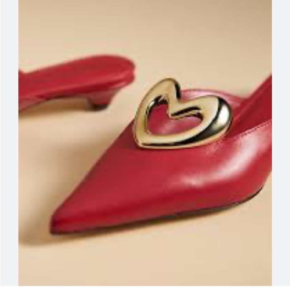 Maeve Heart Mule Heels Red Leather Slip On Kitten Heel Love Sz 38 US 7-7.5 NEW - Picture 2 of 11